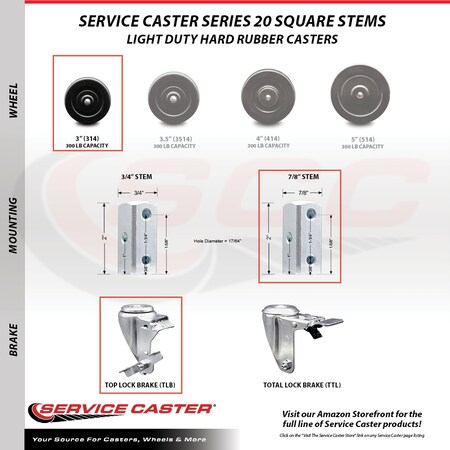 Service Caster 3 Inch Hard Rubber Wheel Swivel 7/8 Inch Square Stem Caster Brakes SCC, 2PK SCC-SQ20S314-HRS-TLB-78-2-S-2